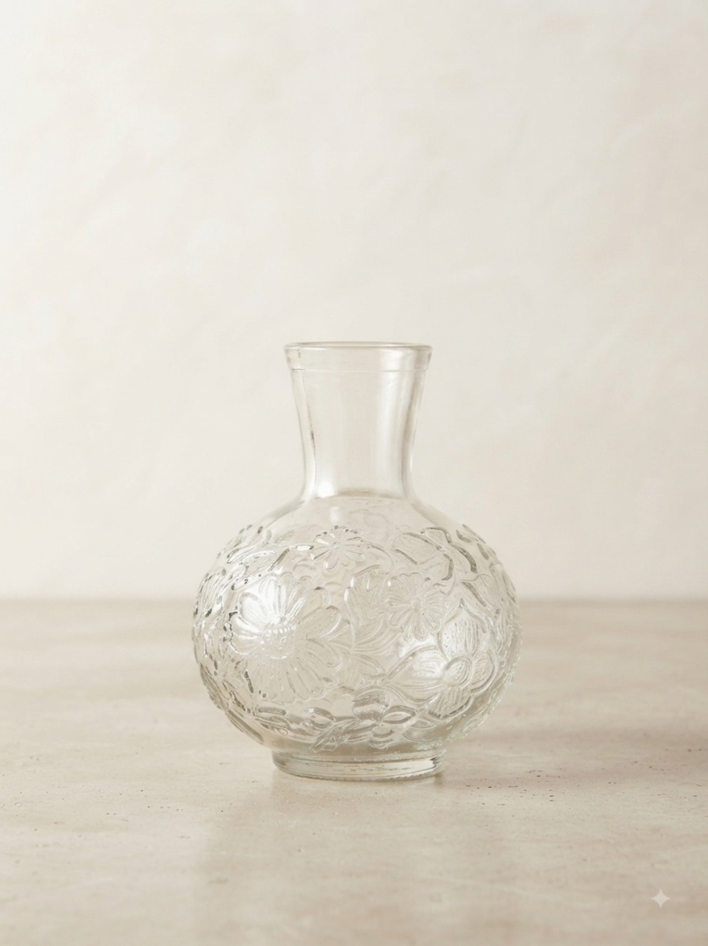 Vintage Clear Glass Water Decanter Embossed Floral Pattern Carafe Budvase